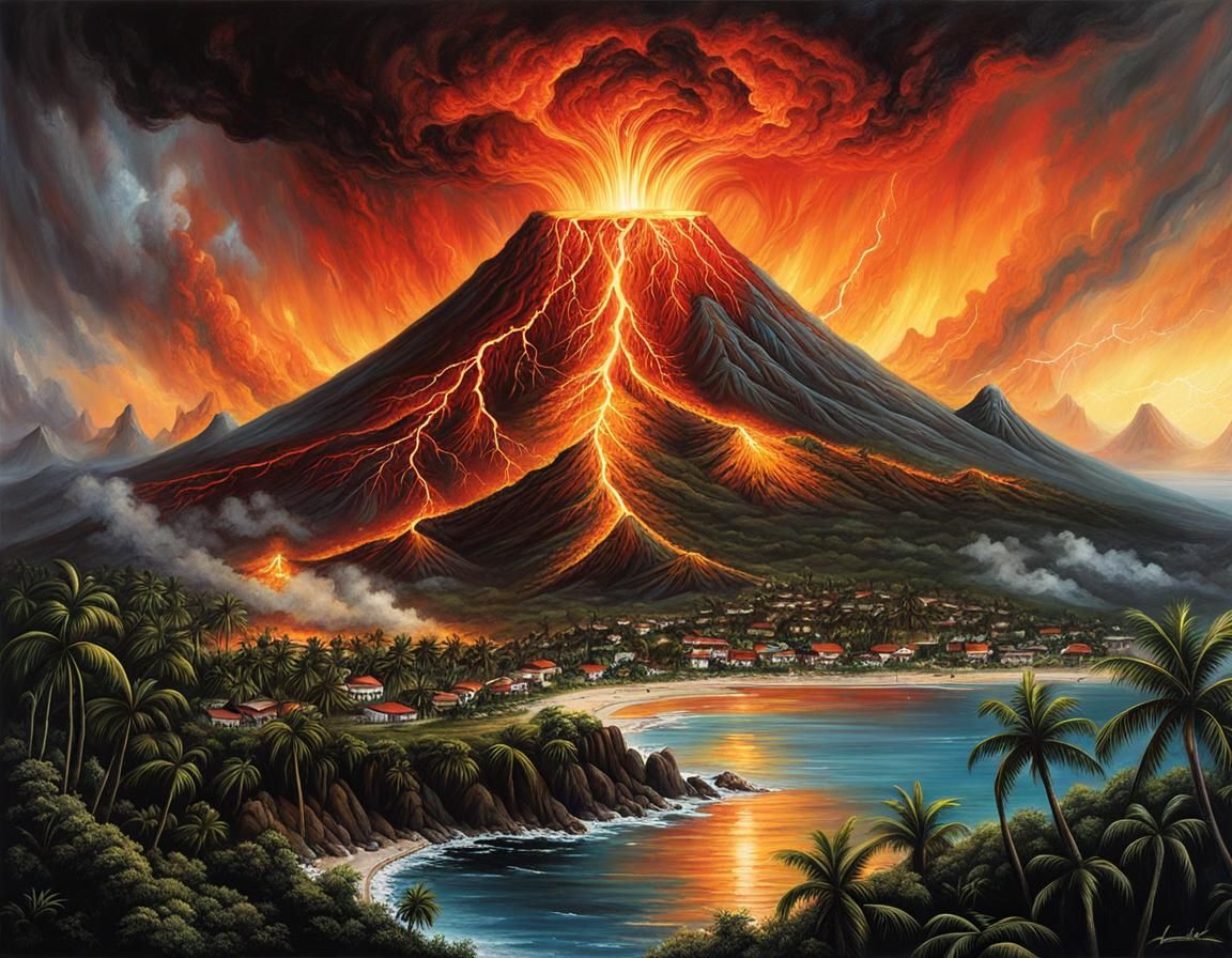Tropical Island Volcano Eruption in Graffiti Art Style