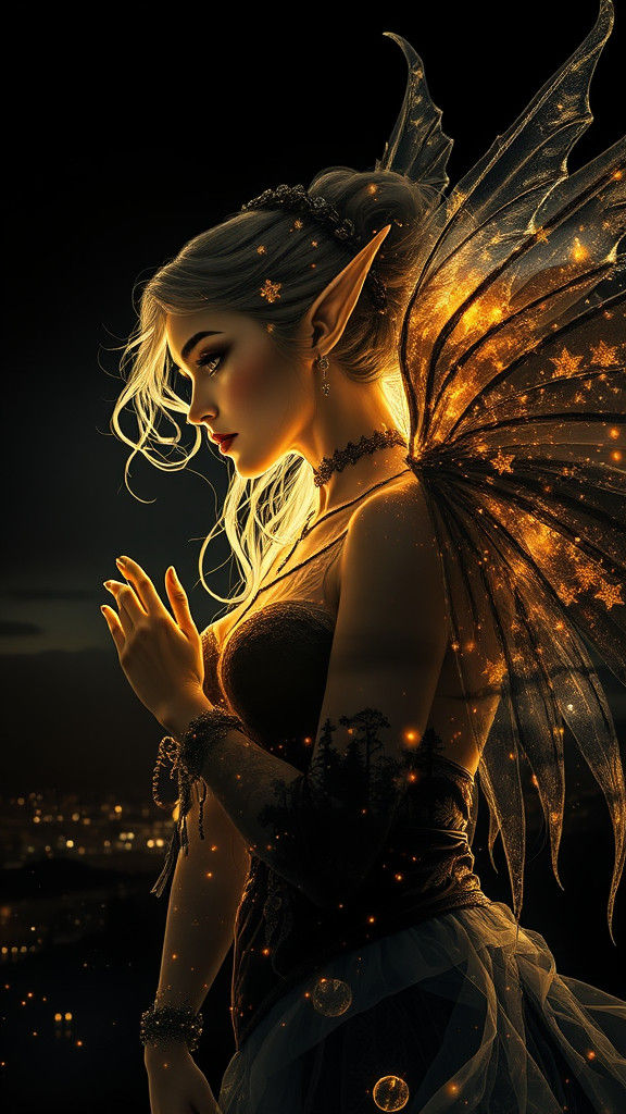 Elven Sorceress in Modern Rococo Style with Gold Accents