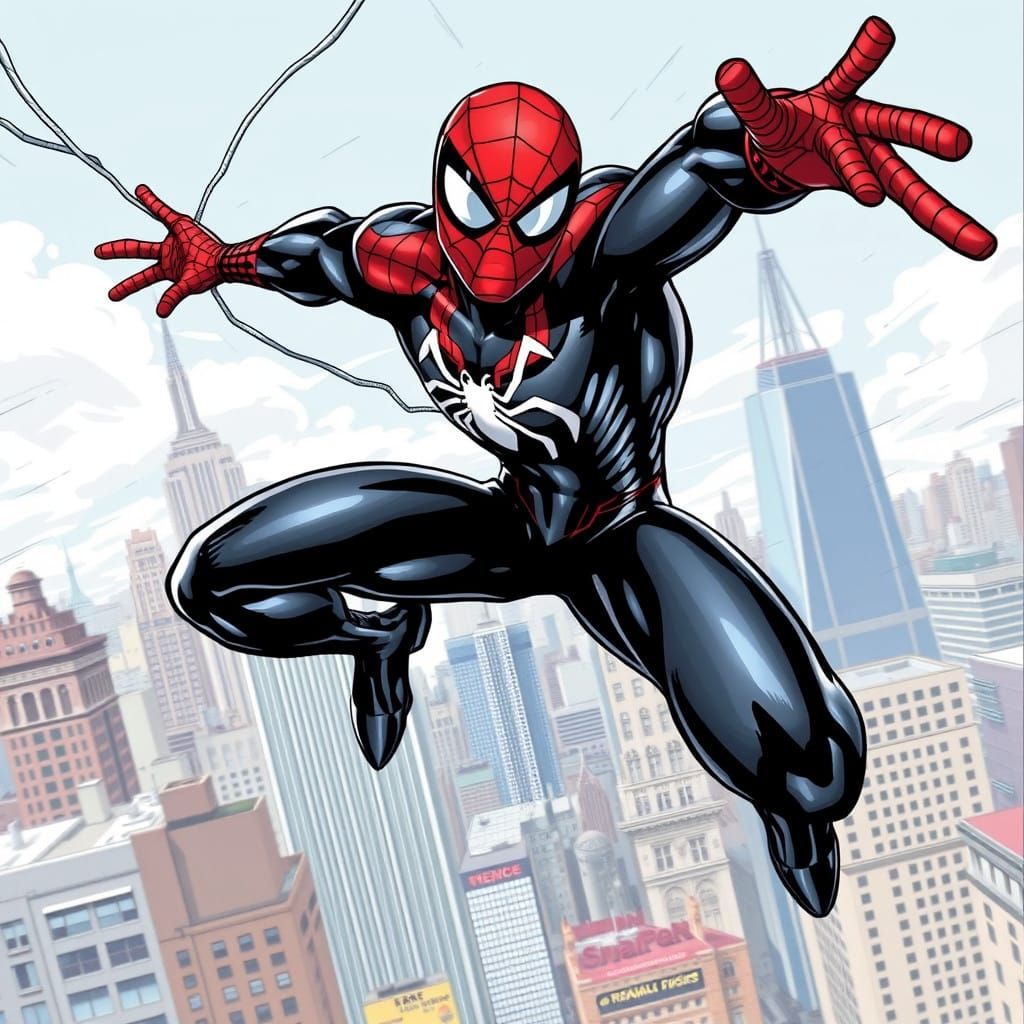 Spiderman in Dynamic Black Suit Cityscape