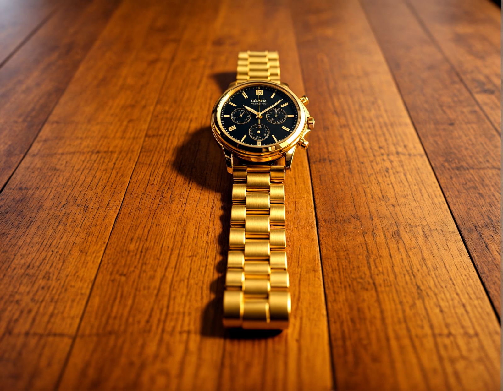 Golden Wristwatch Clock on Wooden Table, Hyperrealistic