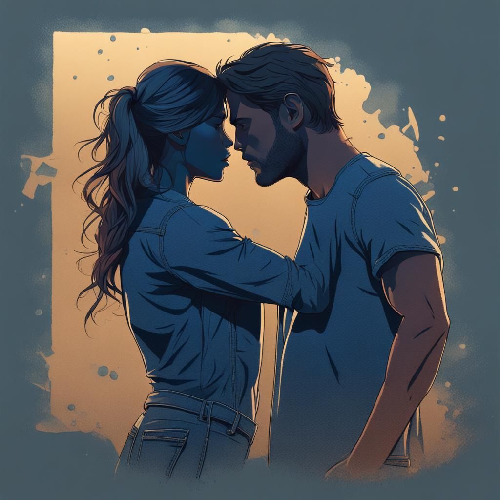 Silhouette of Couple About to Kiss, Detailed Digital Art