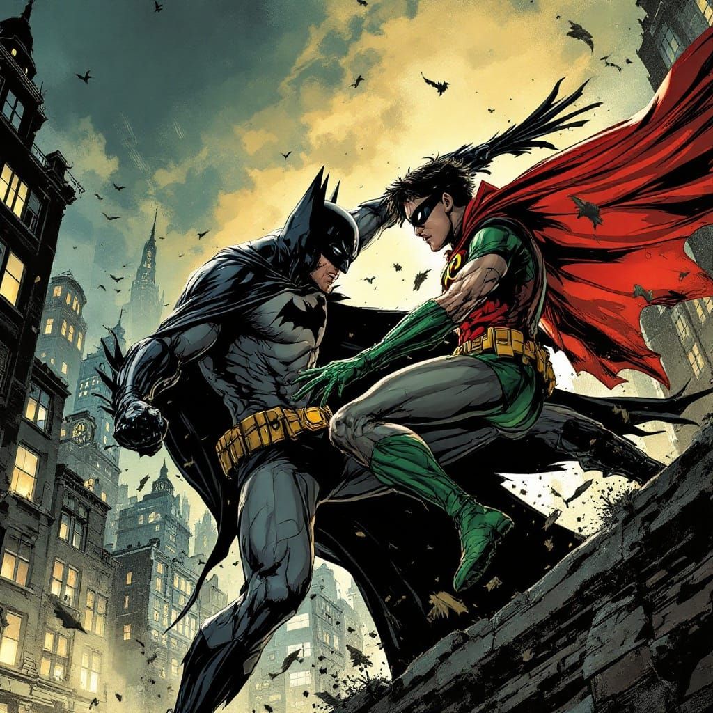 Batman and Robin Battle in Gotham, Comic Style
