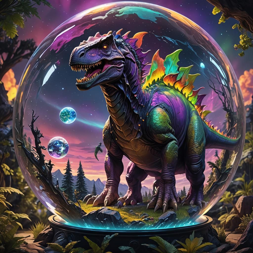 Dinosaur in Earth Globe with Aurora Borealis