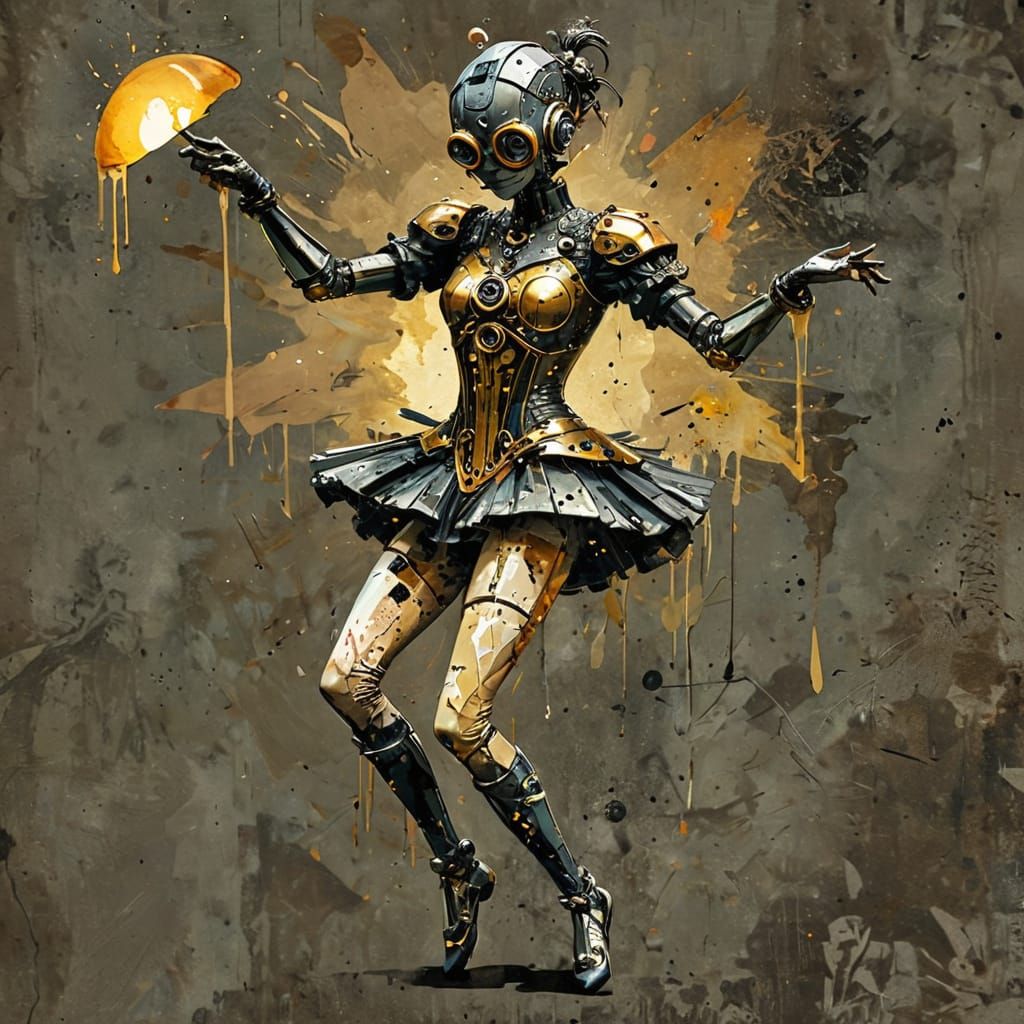 Whimsical Steampunk Ballerina in Golden Abstract Dreamscape