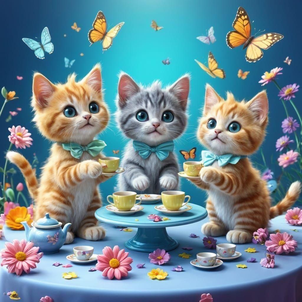 Kittens' Tea Party in Bright 3D Style