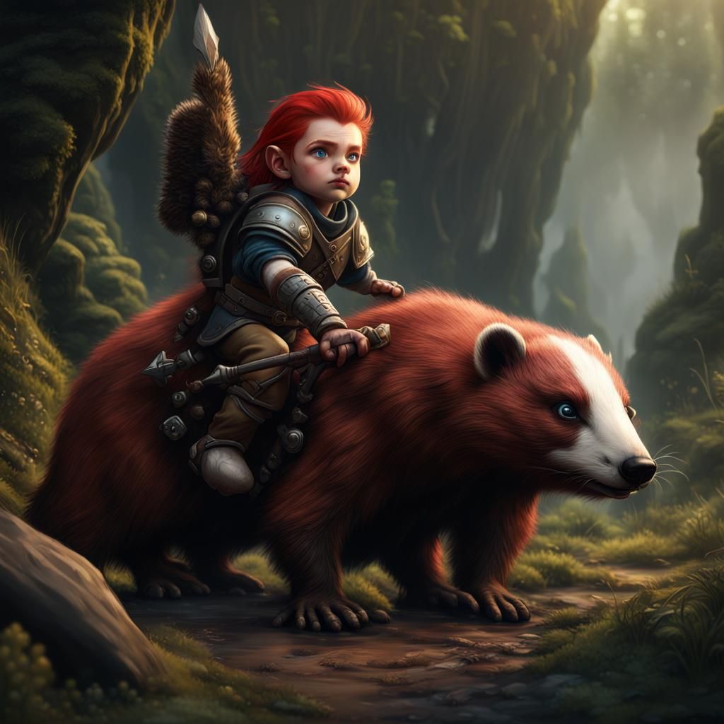 Halfling Ranger on Giant Badger, Fantasy Art