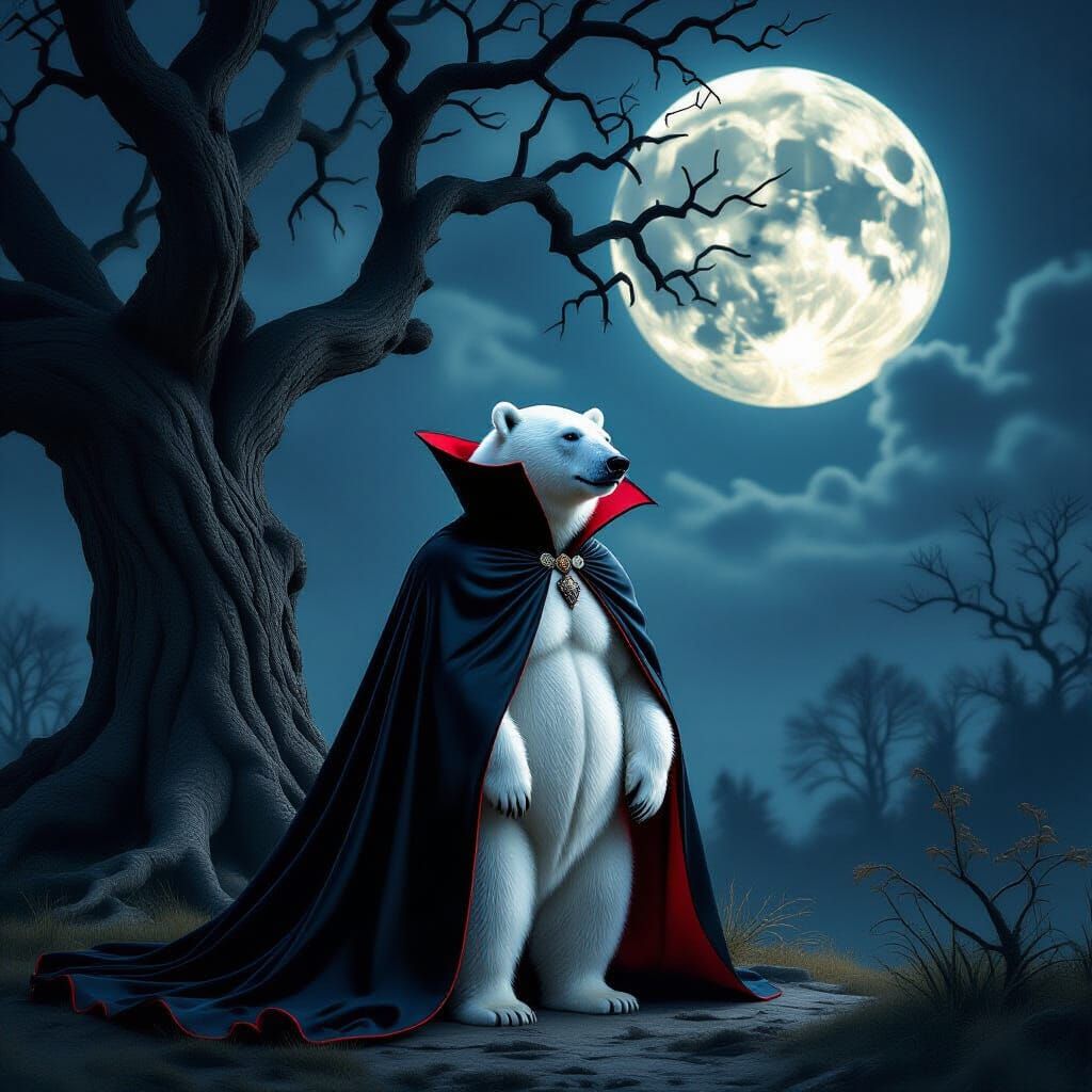 Regal Polar Bear Vampire Under Full Moon