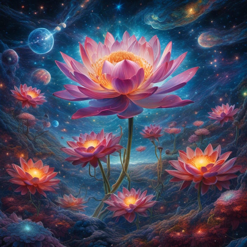 Astral Lotus Flower Opening in Starry Seascape