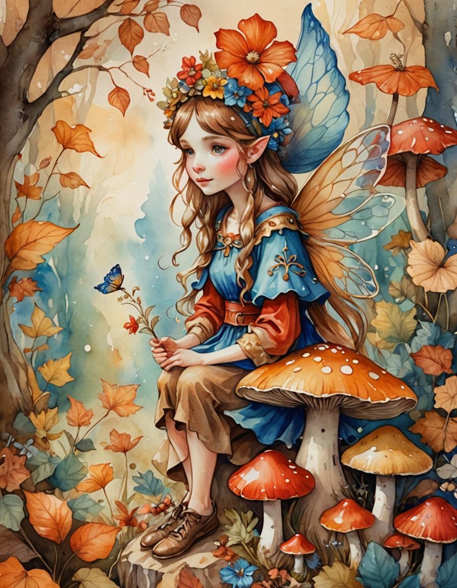 Cute Fairy on Mushroom in Watercolor Illustration