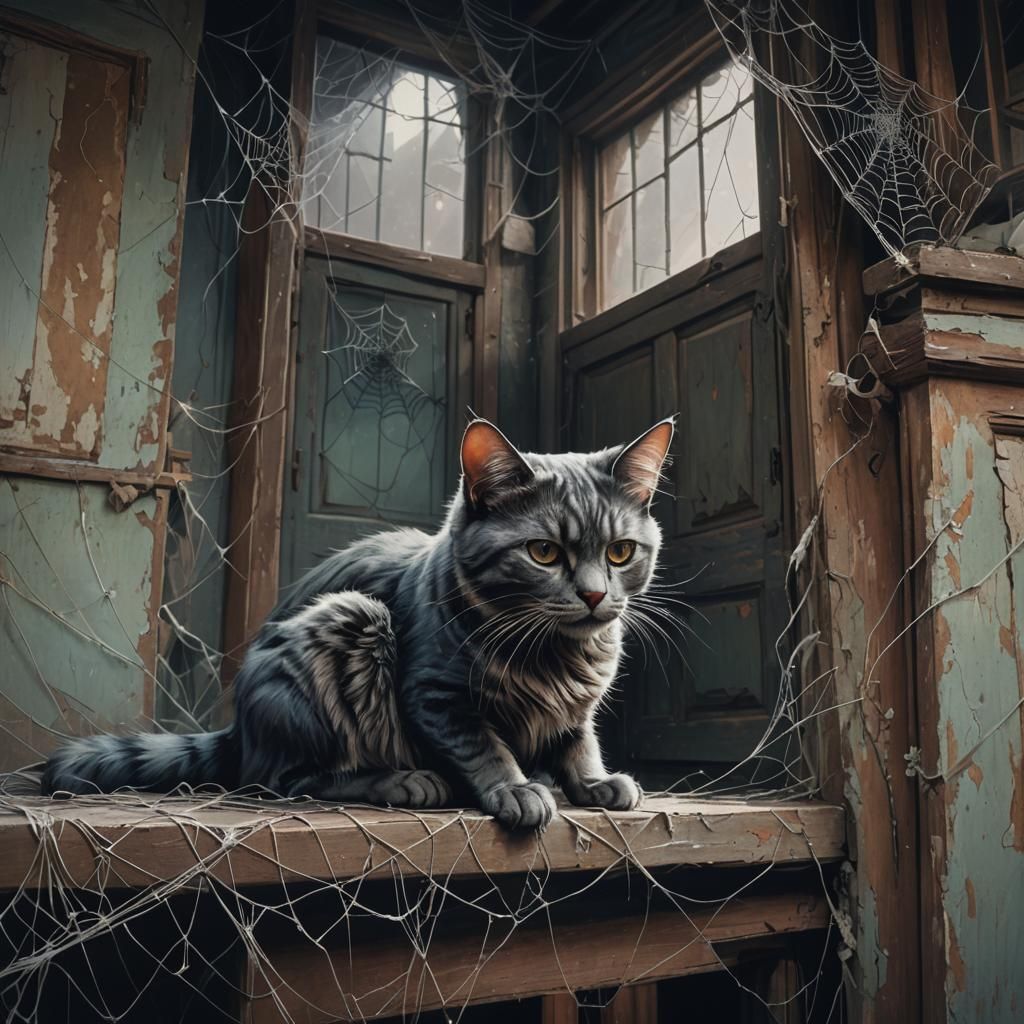 Cat in Abandoned House with Spiderwebs