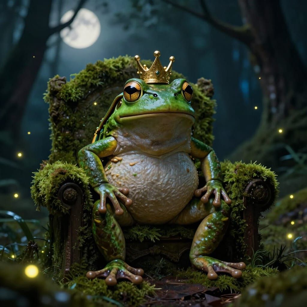 Frog Prince on Mossy Throne Under Moonlight