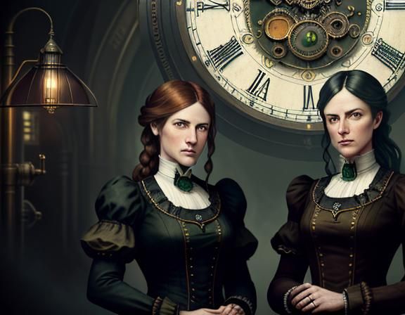 Steampunk Twins in Time Machine: Dark Fantasy Concept Art