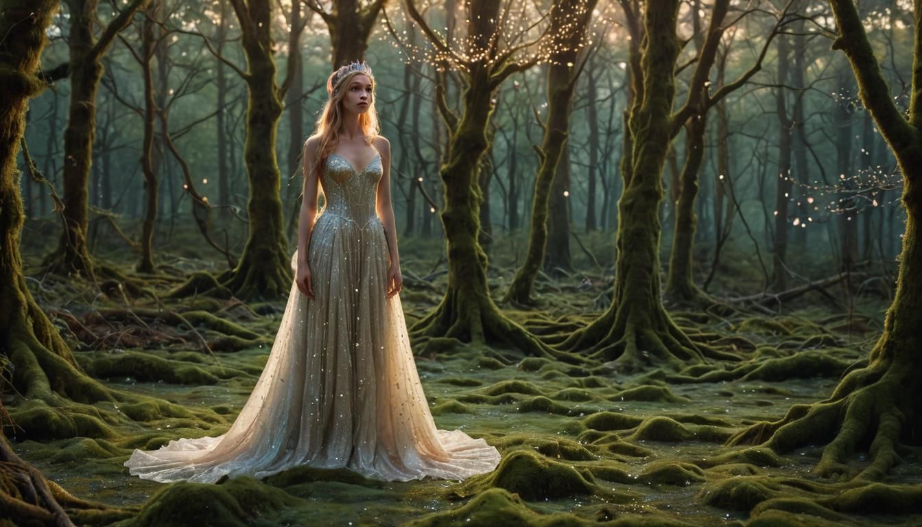 Woman in Mystical Forest: Ethereal-Realism Illustration