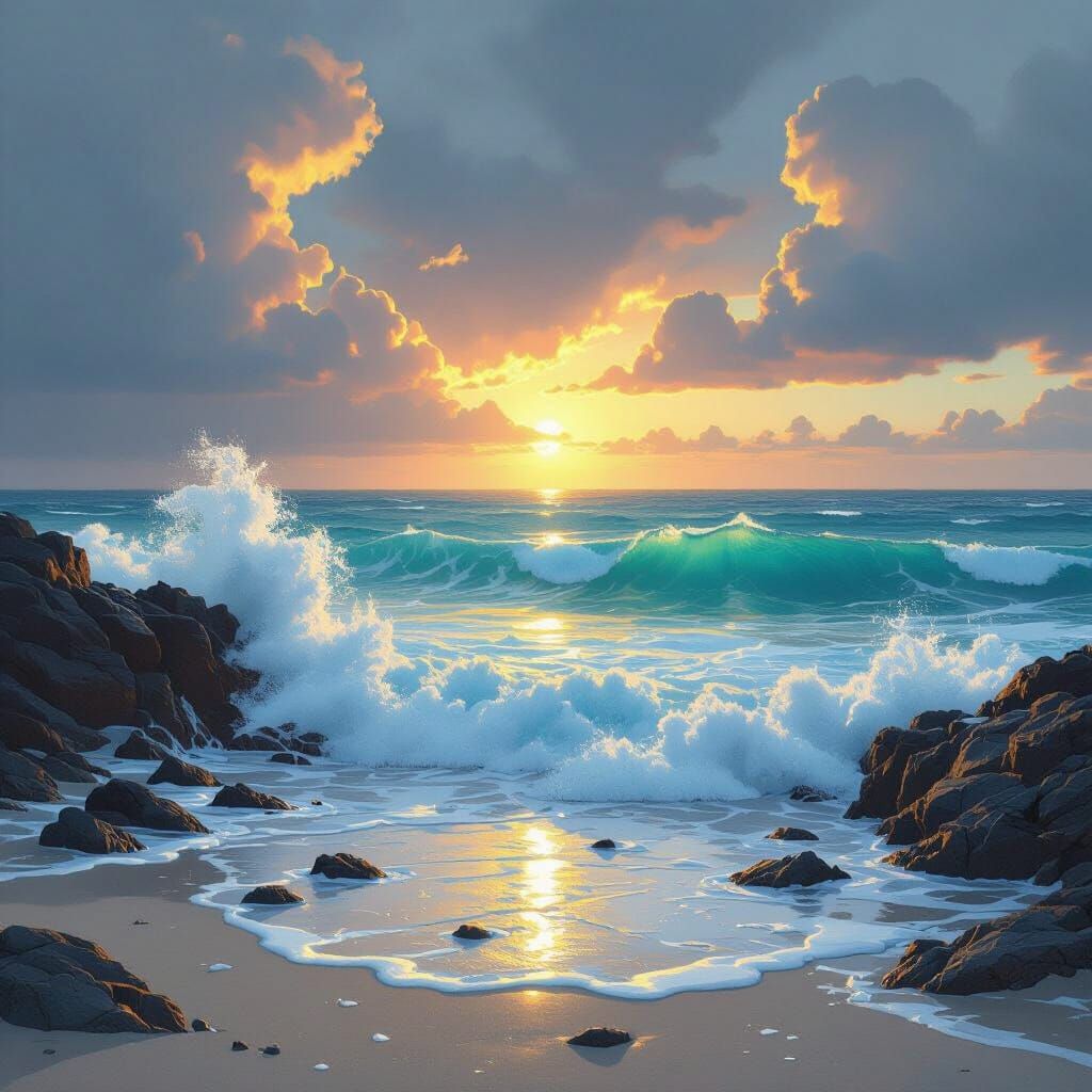 Stormy Beach at Dusk: Dramatic Seascape