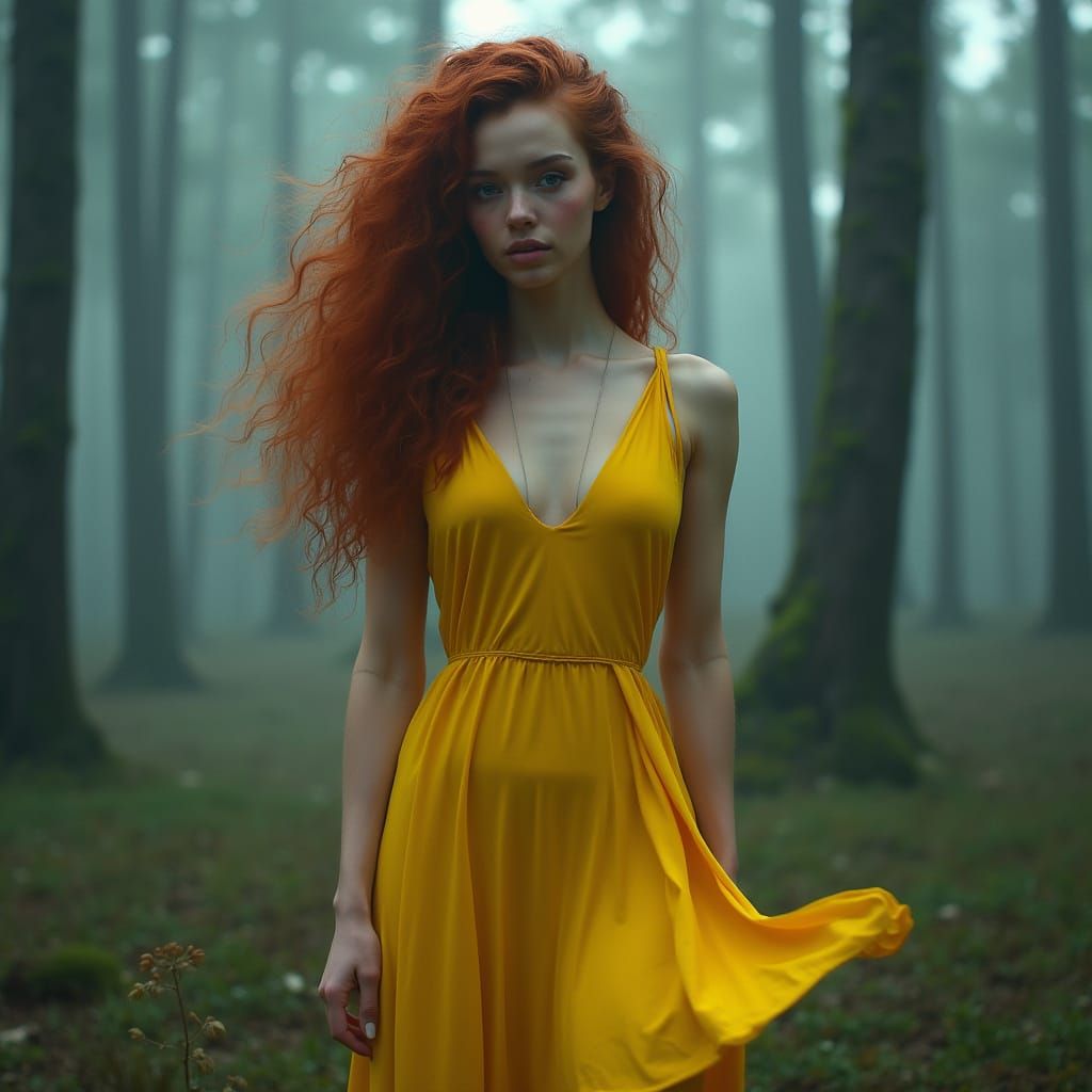 Dystopian Portrait of Sporty Woman in Misty Forest