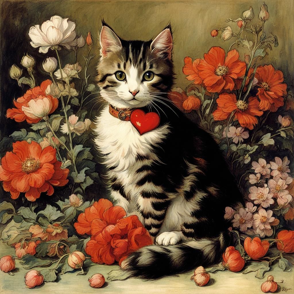 Cat Surrounded by Flowers in Rackham Style