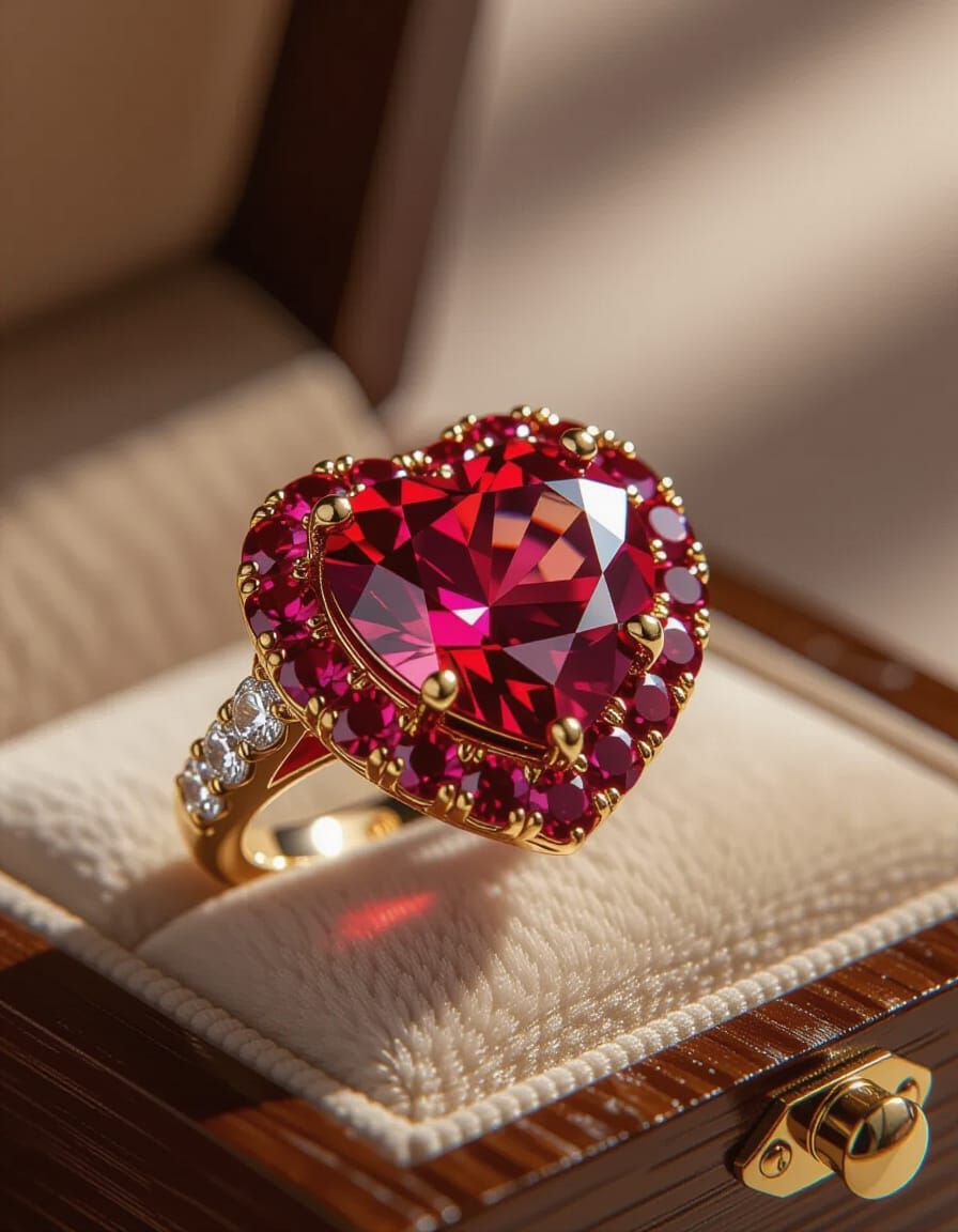 Intricate Ruby Heart Wedding Ring in 3D Style