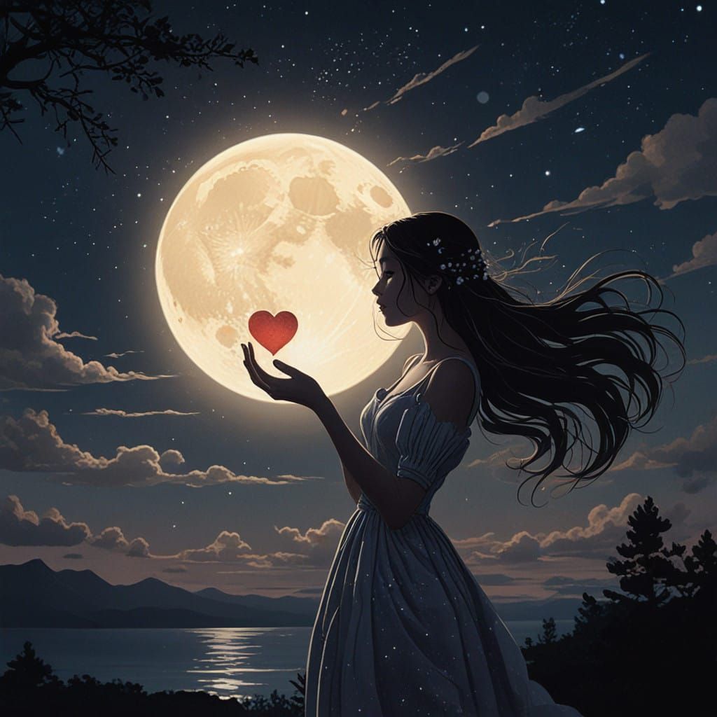 Ethereal Silhouette Art of a Woman with Heart and Midnight M...