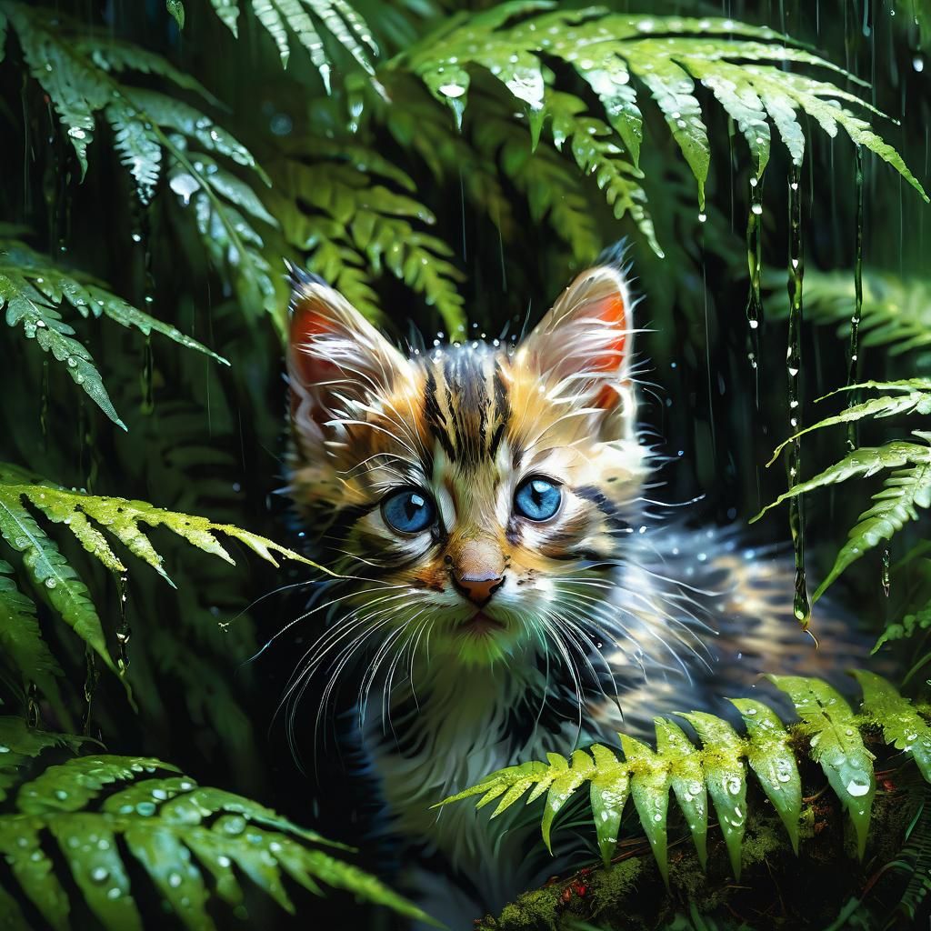 Wet Kitten Hiding in Ferns: A Matte Painting