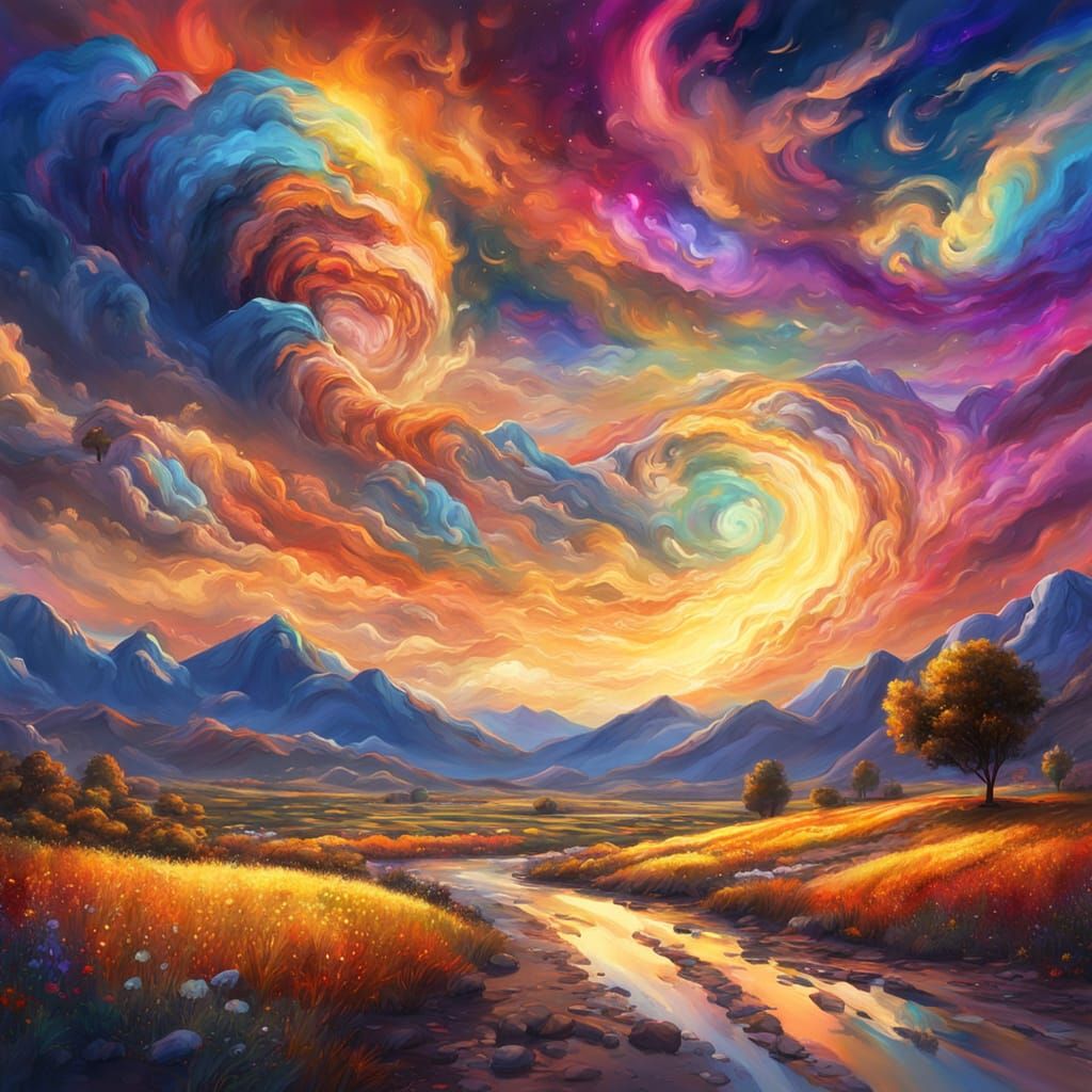 Joyful Expressionist Landscape with Swirling Clouds