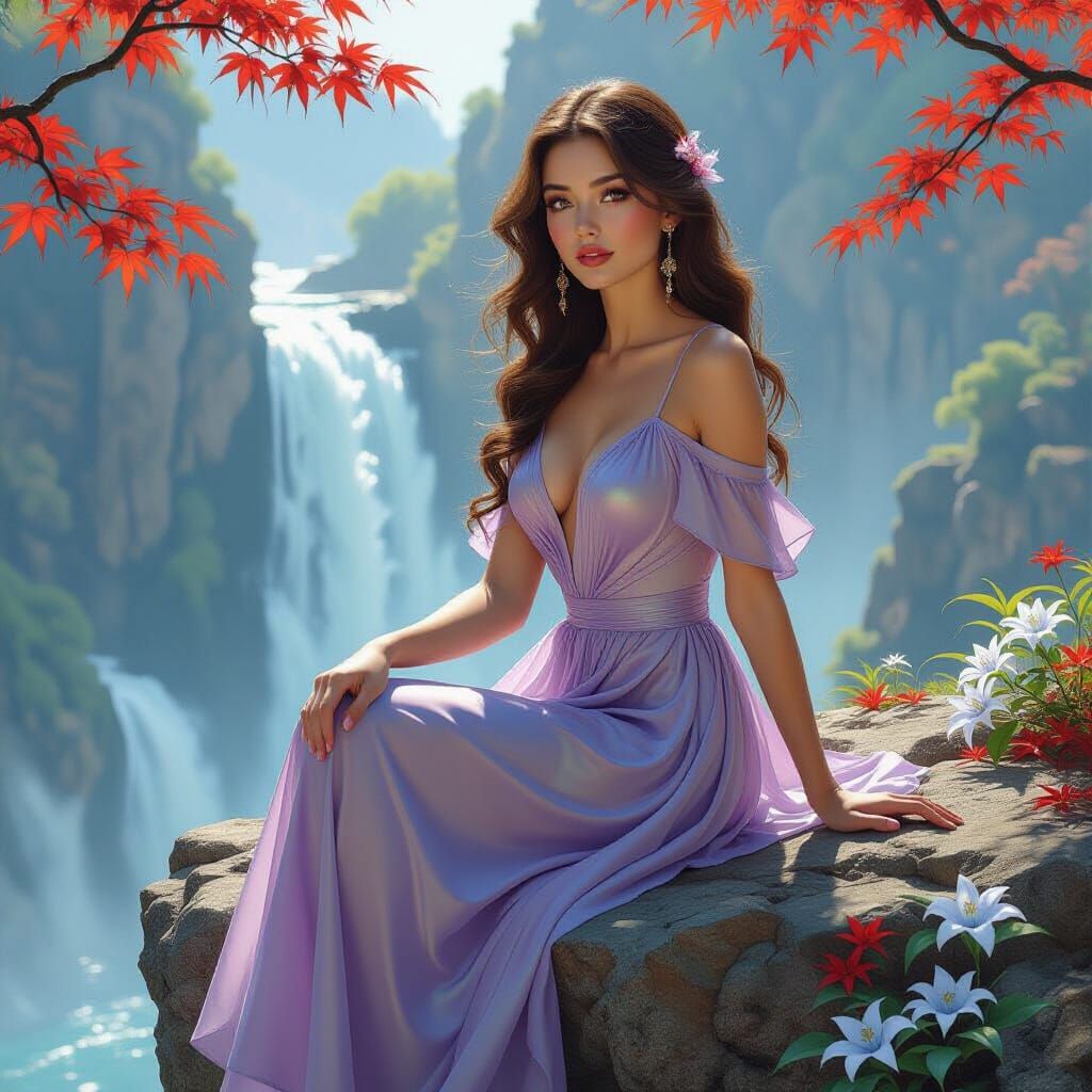 Art Nouveau Woman Overlooking Waterfall in Digital Painting
