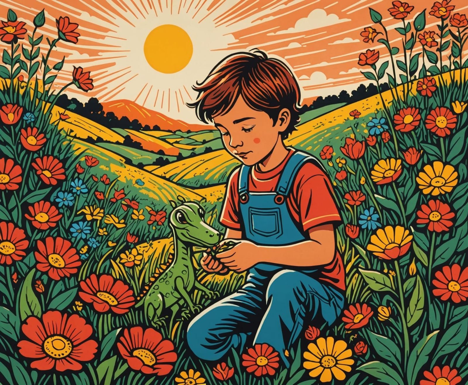 Linocut Style: Boy and Dragonoid in Flower Field