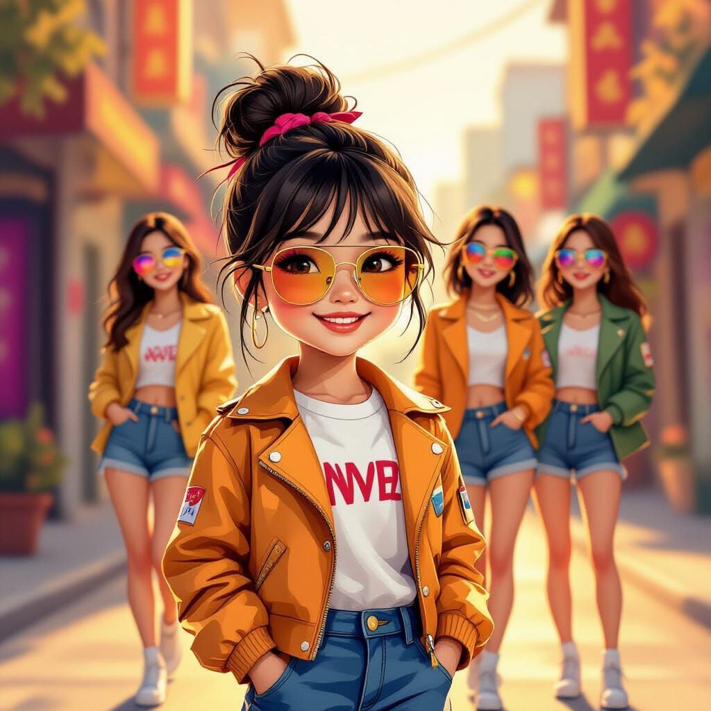 Chinese Girl with Friends in Streetwear at Golden Hour