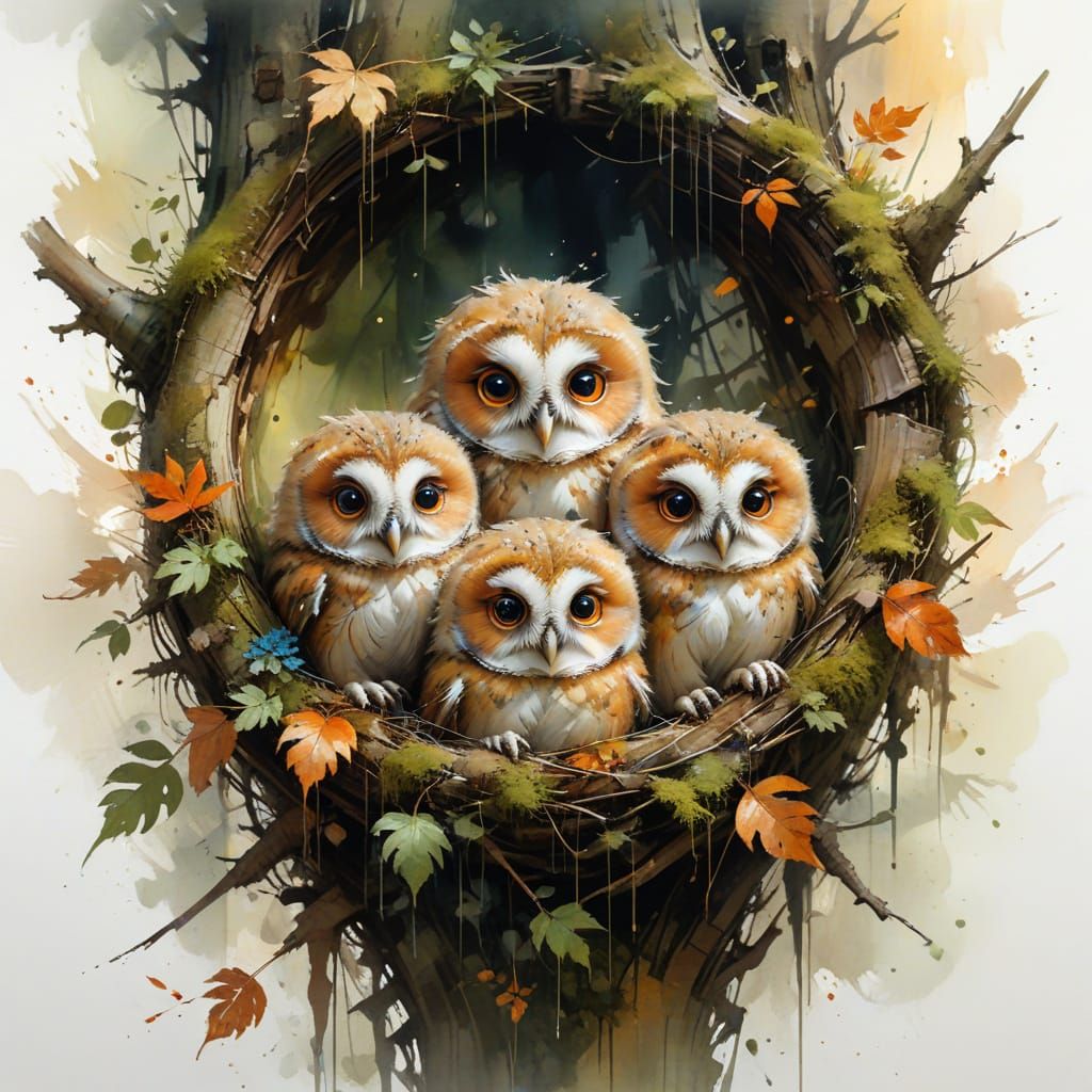 Adorable Owlets Dreaming in Autumn Nest