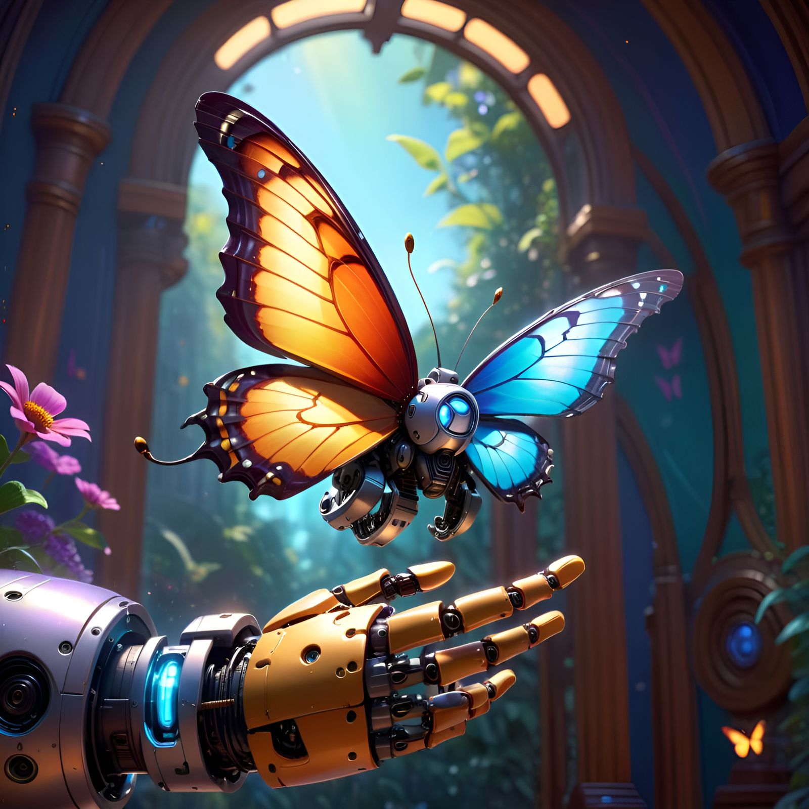 Robotic Hand with Butterfly in Pixar Style