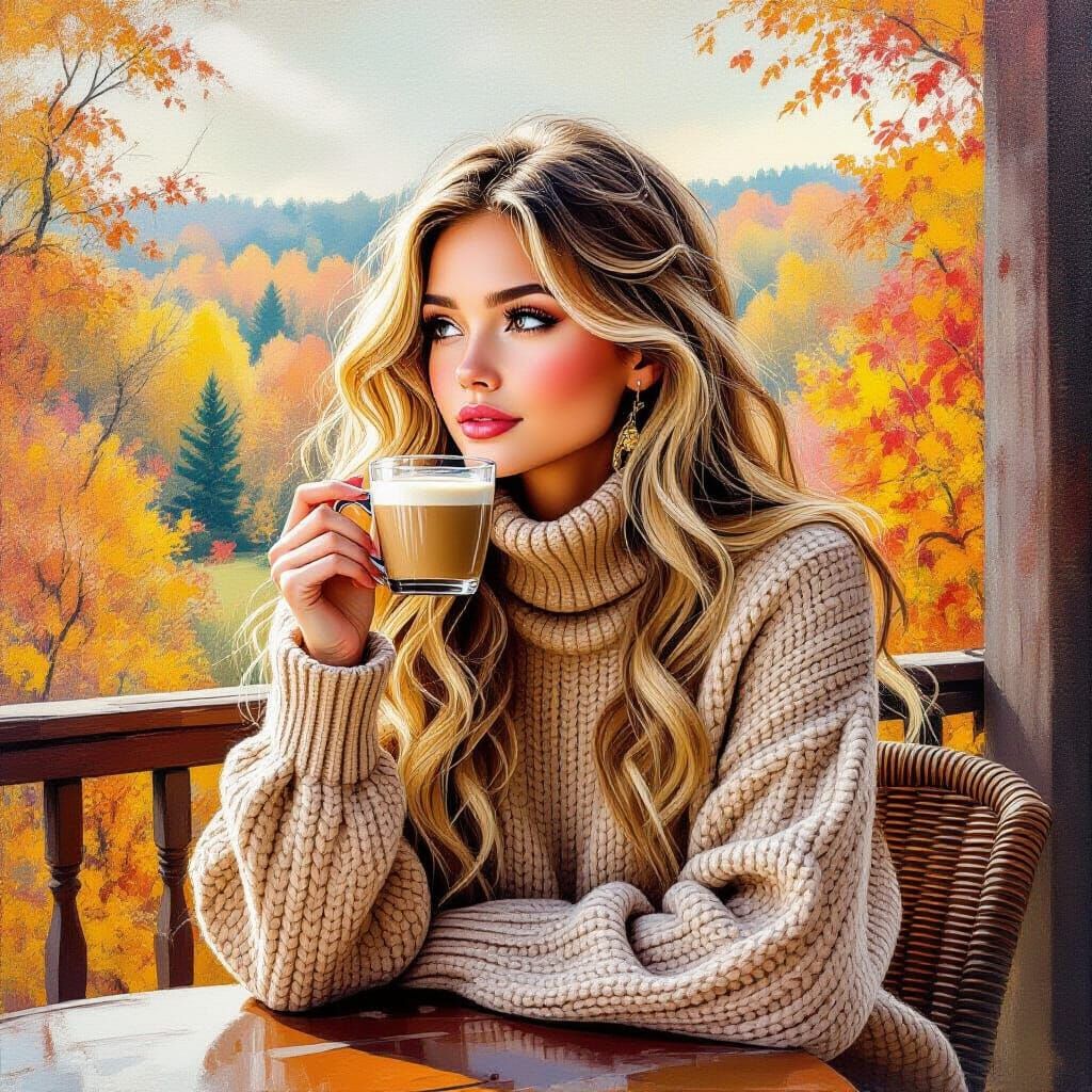 Girl with Coffee in Autumn Forest, Impasto Gouache Style