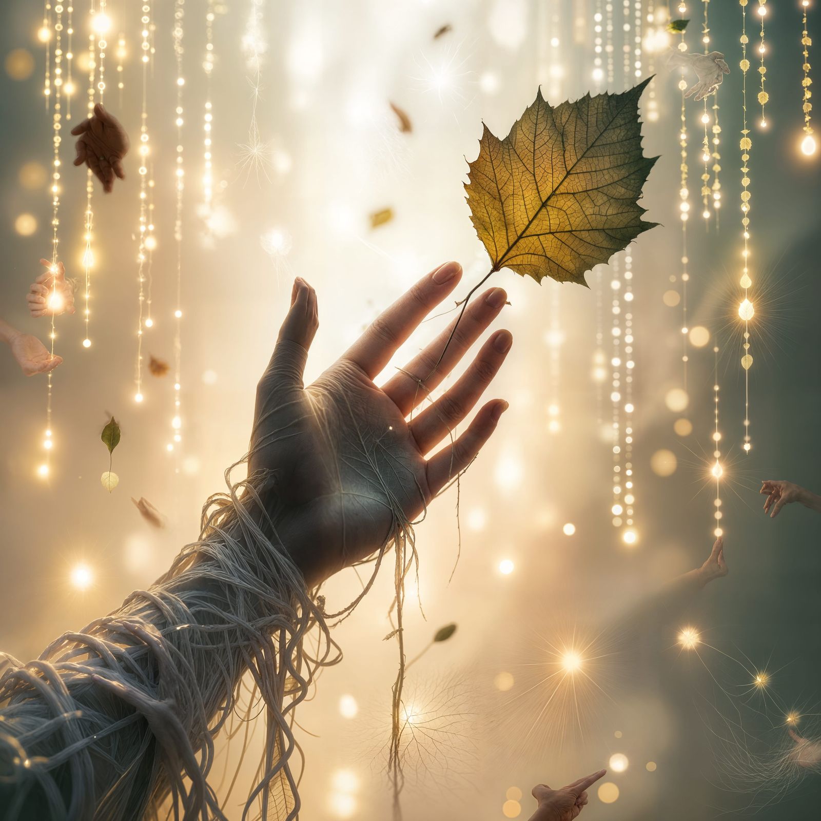 Ethereal Hand Reaching for a Leaf in Digital Web