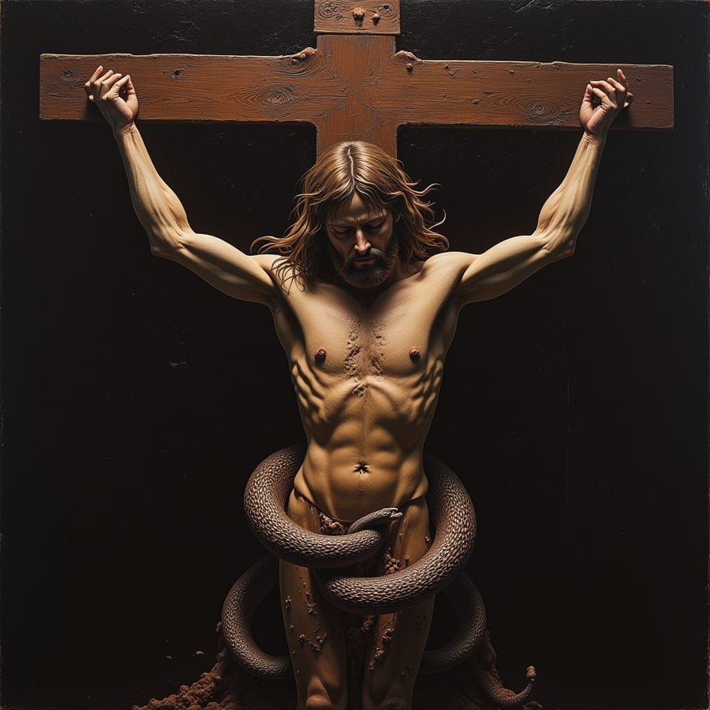 Jesus on Cross With Serpent Emerging, Caravaggio & Goya Styl...