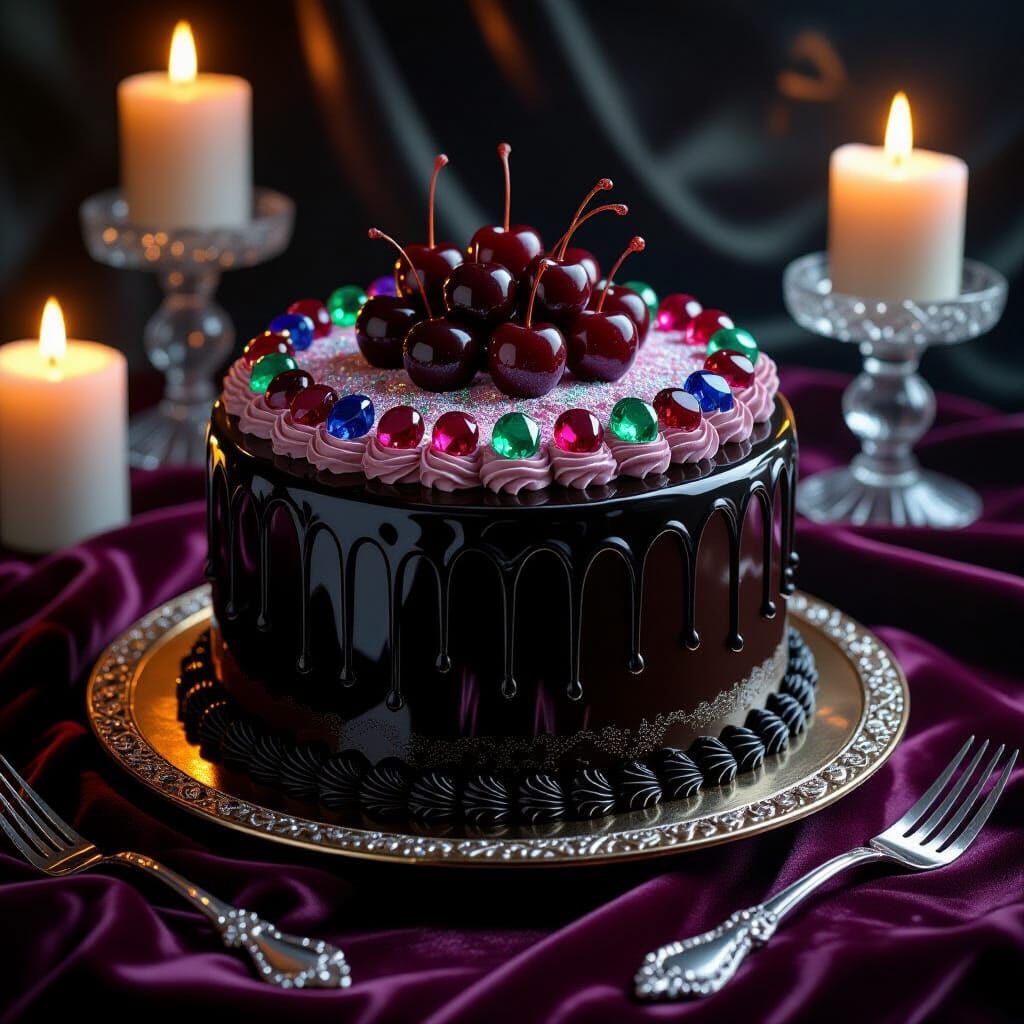 Obsidian Cake with Stardust Frosting and Gemstones