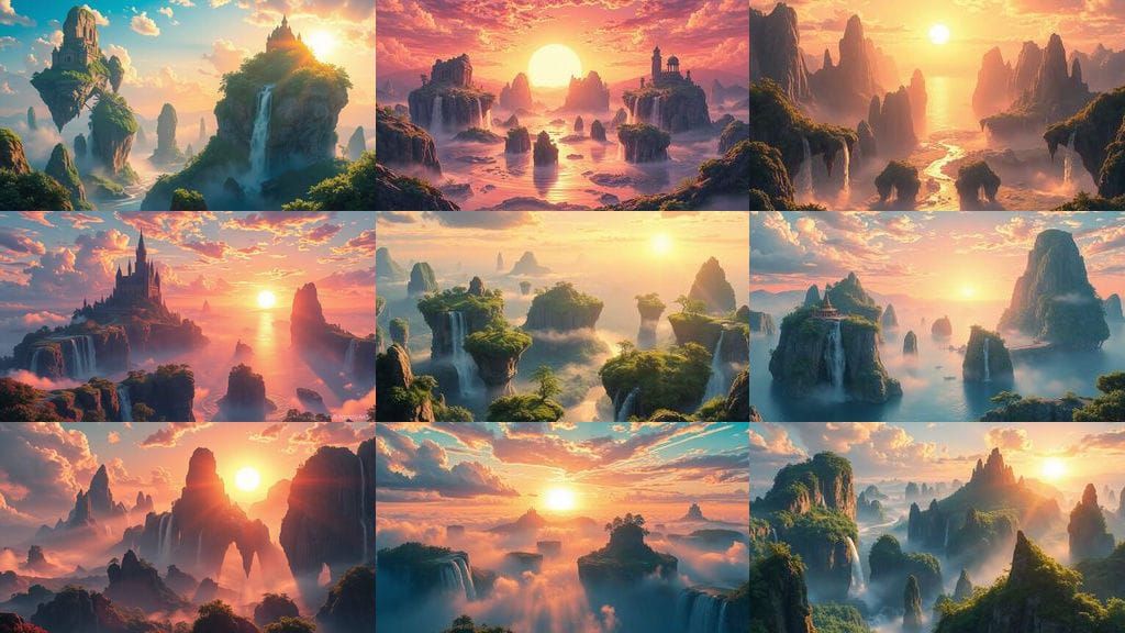 Anime Fantasy Landscape: Floating Islands and Sunrise