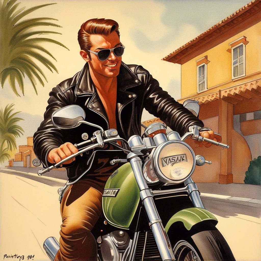 Man on Motorcycle in Vargas Style