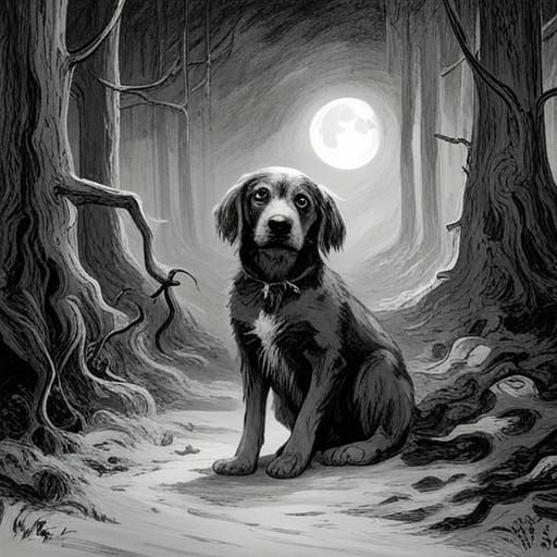 Puppy Lost in Spooky Forest, Dark Fantasy Style