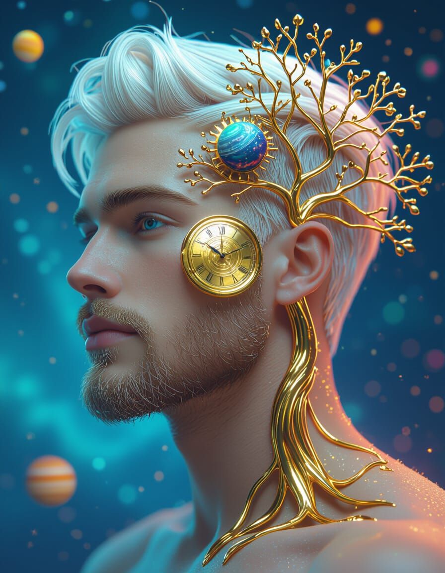 Man with Clock and Tree, Synthwave Neon Portrait