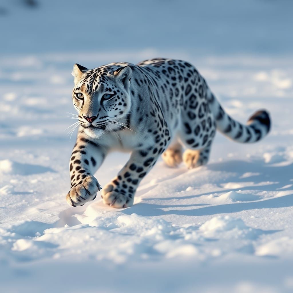 Elegant Snow Leopard Runs Through Winter Wonderland