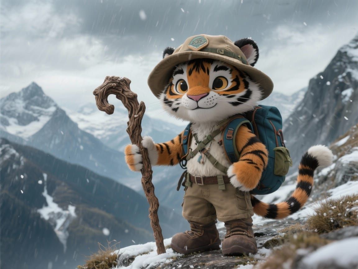 Cute Tiger Adventurer in Swiss Alps Storm