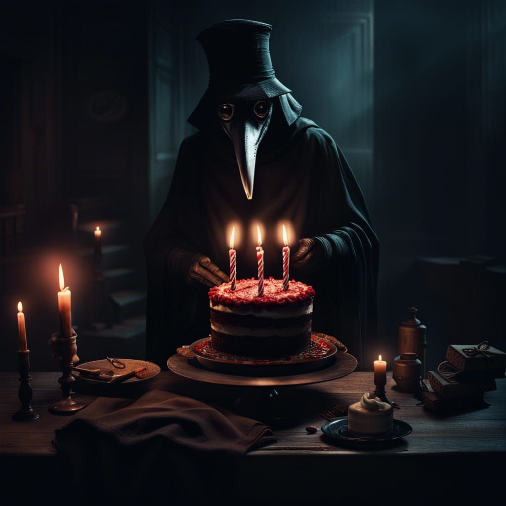 Plague Doctor Celebrates Birthday in Dark Matte Painting