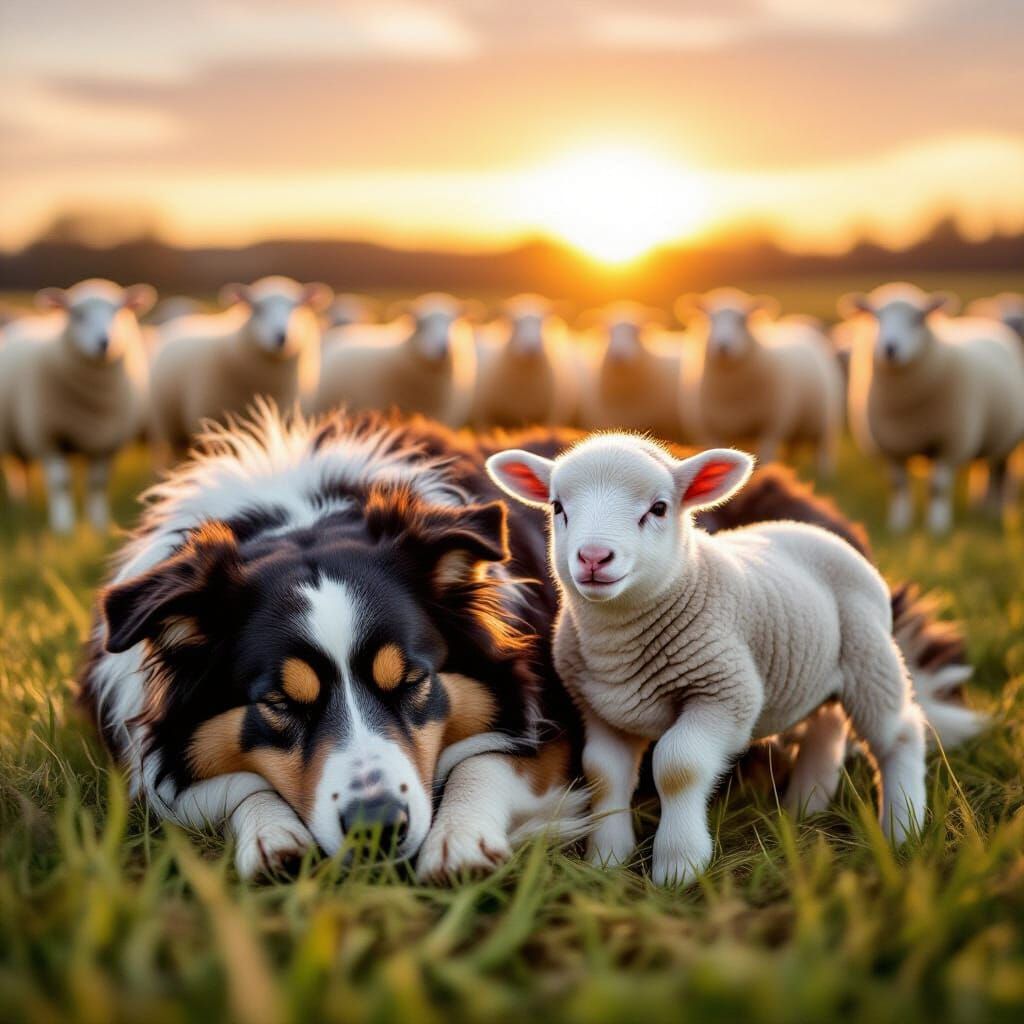 Nervous Lamb Jumping Around Sleeping Sheepdog