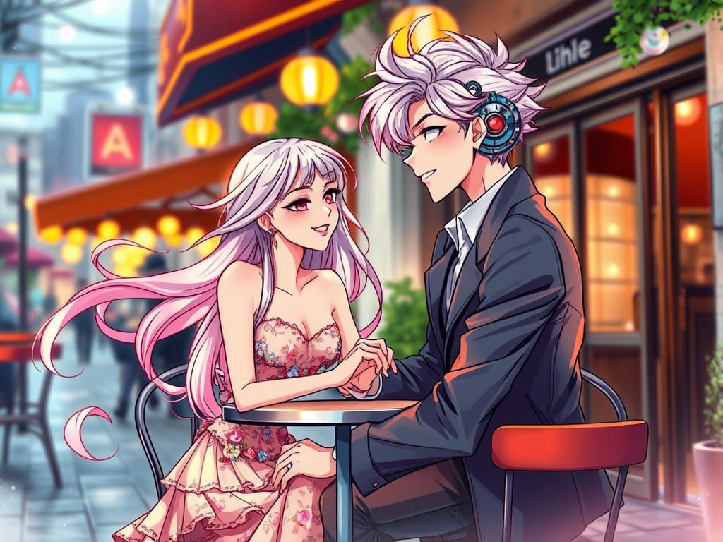 Romantic Anime Couple in Vibrant Cityscape