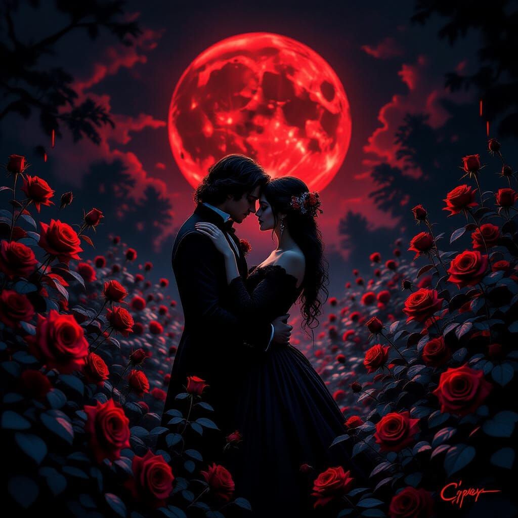 Gothic Garden Lovers Embrace Under Blood Moon