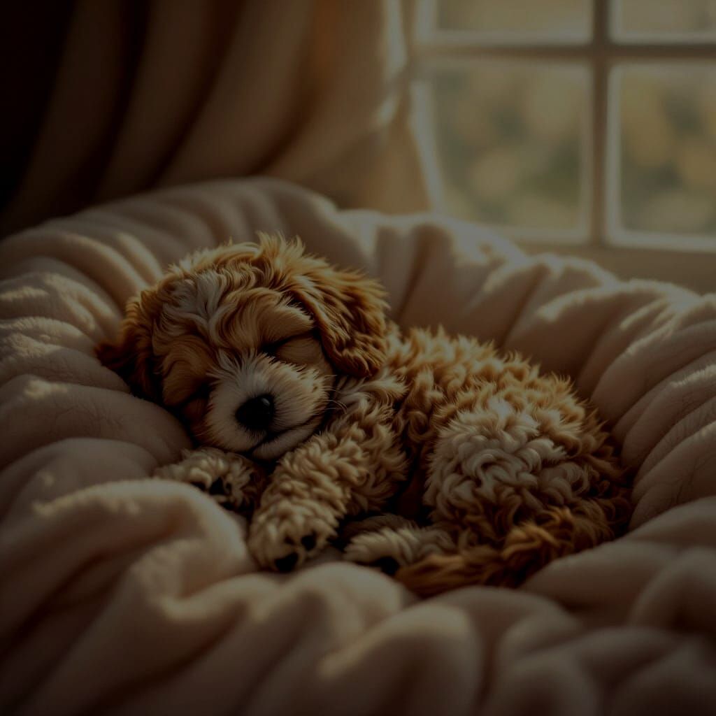 Fluffy Cavapoo Puppy Sleeping Peacefully on Blanket