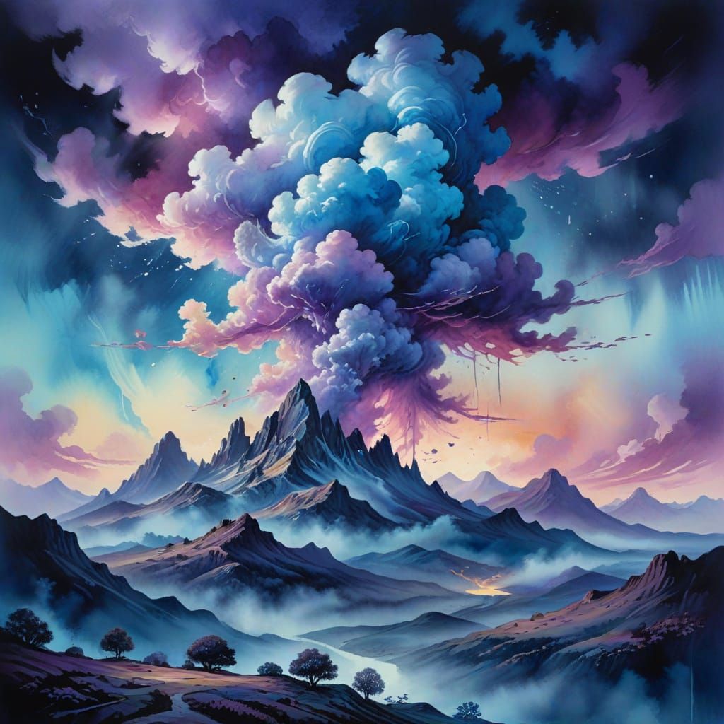 Dreamlike Watercolor Landscape with Whimsical, Melting Cloud...