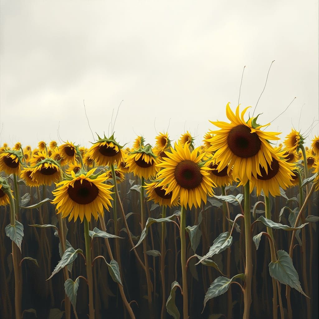 Autumn Sunflowers in Melancholic Light, Impressionistic Styl...