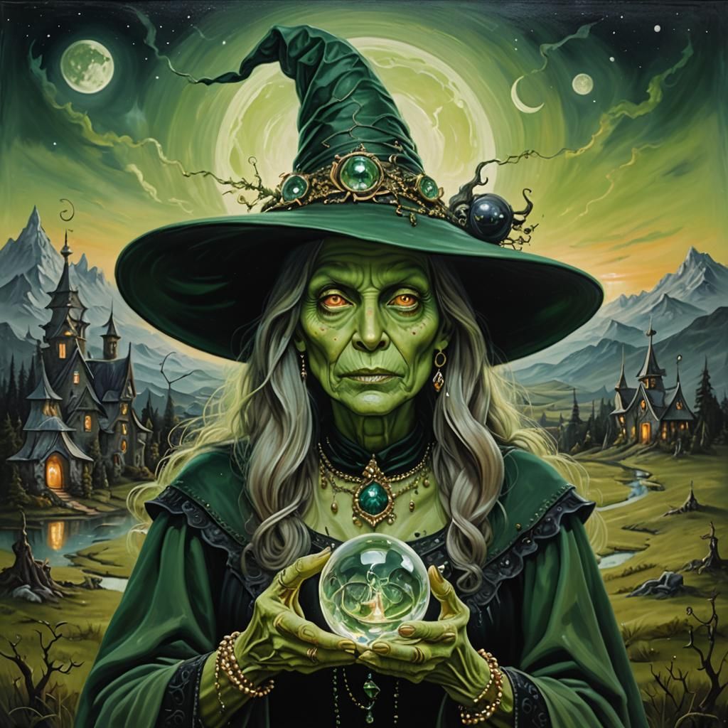 Surreal Ugly Green Witch Portrait in Oil Painting
