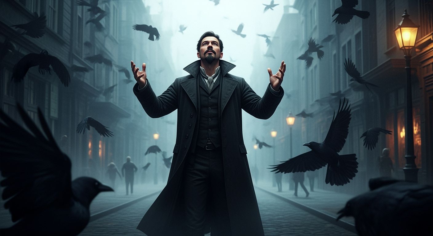 Mystical Crow Caller in Atmospheric Street Scene