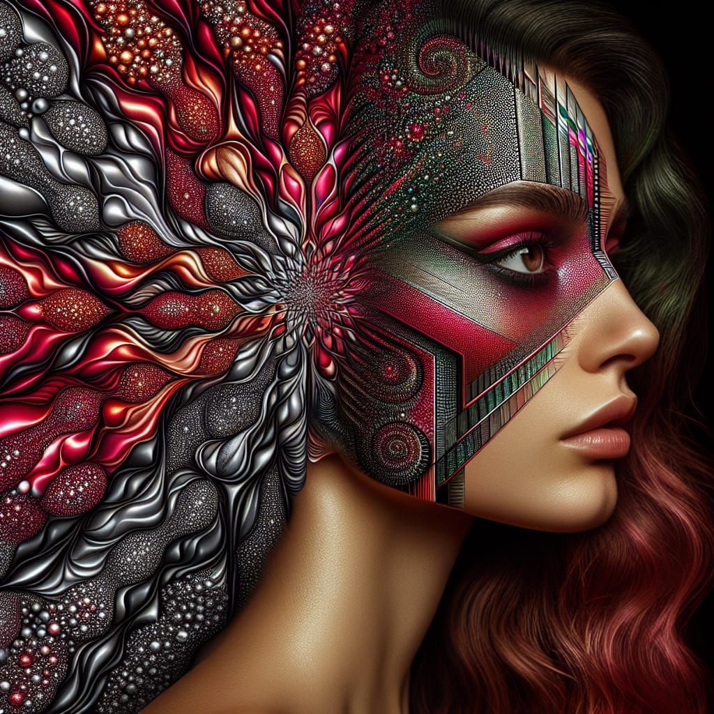 Surreal Split Portrait in Pointillism and Geometric Art