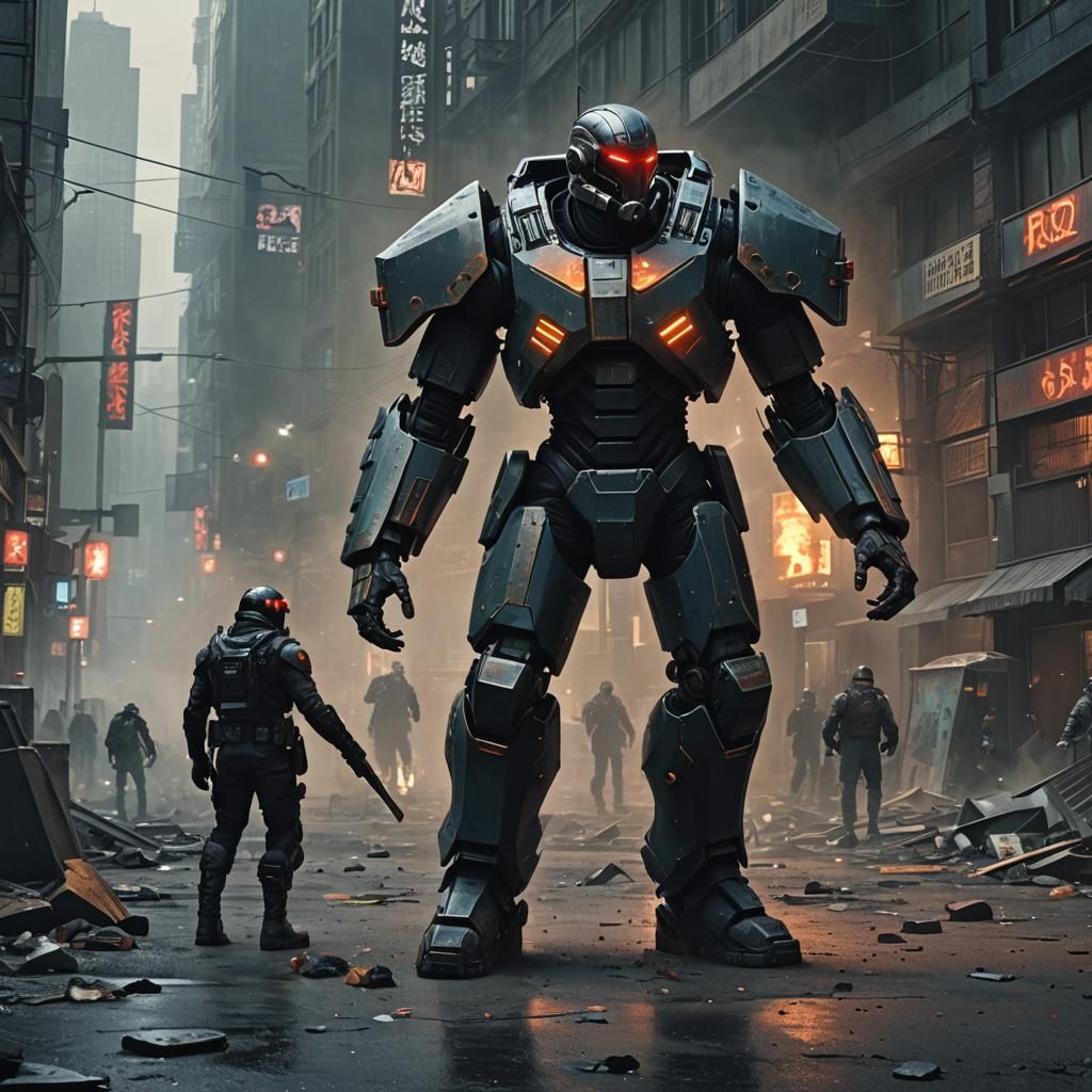 Cyberpunk Riot Android in Dystopian Cityscape